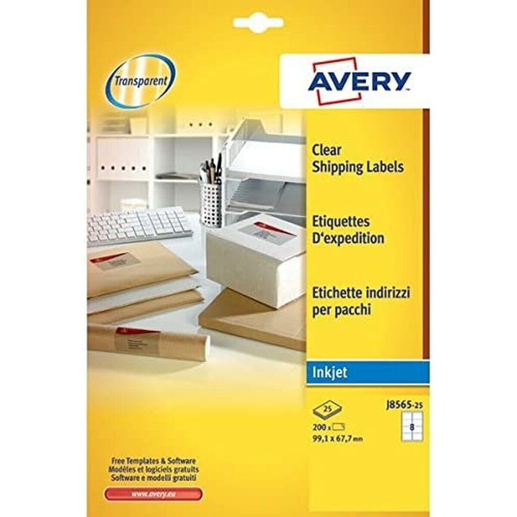 Līmes etiķetes Avery Quickpeel, 99,1 x 67,7 mm, 25 loksnes, caurspīdīgas cena un informācija | Burtnīcas un papīra preces | 220.lv