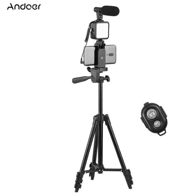 Video komplekts viedtālrunim Andoer ar regulējama augstuma statīvu, LED gaismu un mikrofonu cena un informācija | Fotokameru statīvi | 220.lv