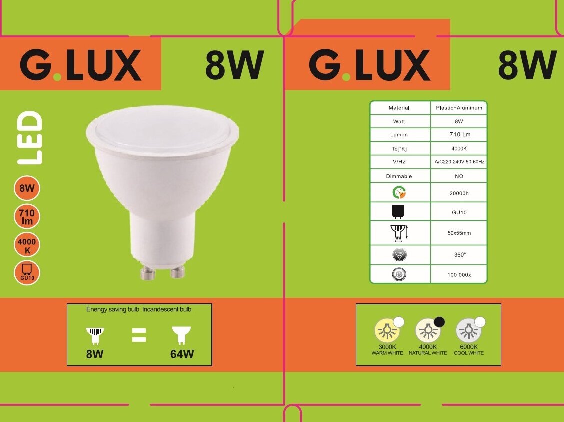 LED spuldzes G.LUX GR-LED-GU10-PA9-8W 4000K - 10 gab. Iepakojums cena un informācija | Spuldzes | 220.lv