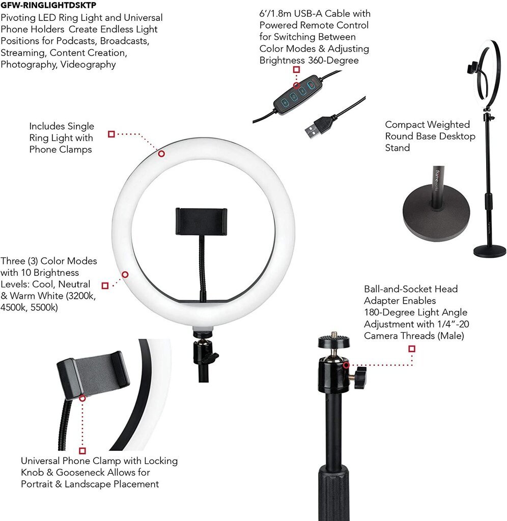 LED riņķis / LED gredzens / LED RING lampa 26cm ar turētāju mobilajam telefonam + statīvs (25-140 cm) cena un informācija | Apgaismojums fotografēšanai | 220.lv