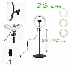 LED riņķis / LED gredzens / LED RING lampa 26cm ar turētāju mobilajam telefonam + statīvs (25-140 cm) цена и информация | Осветительное оборудование для фотосъемок | 220.lv