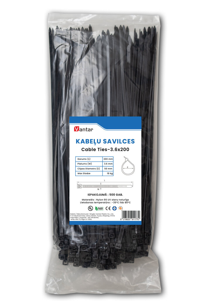 Kabeļu savilces (melnas), 3.6x200 cena un informācija | Stiprinājumi | 220.lv