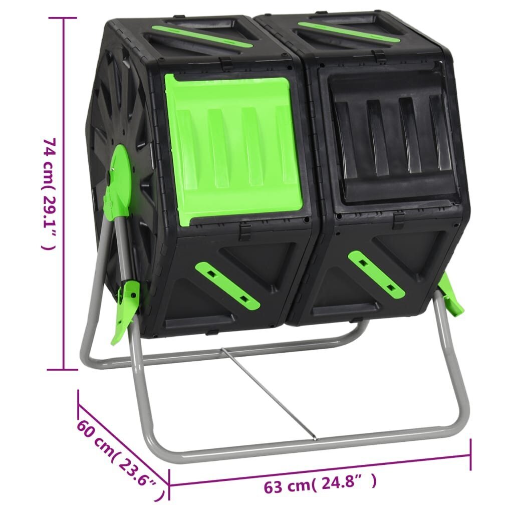 vidaXL dārza komposta tvertne, rotējoša, 2 kameras, 63x60x74 cm, 140 l cena un informācija | Komposta kastes un āra konteineri | 220.lv