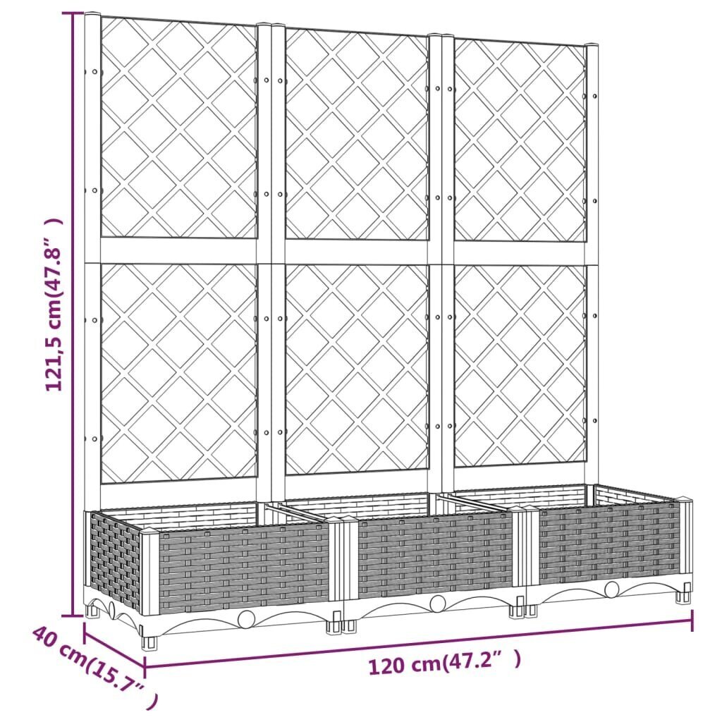 vidaXL dārza puķu kaste ar špaleru, gaiši pelēka, 120x40x121,5 cm, PP cena un informācija | Balkona kastes | 220.lv