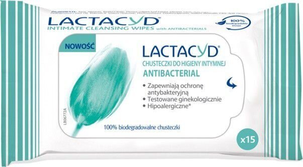 Intīmās higiēnas salvetes Lactacyd Antibacterial, 15 gab. cena un informācija | Intīmās higiēnas līdzekļi | 220.lv