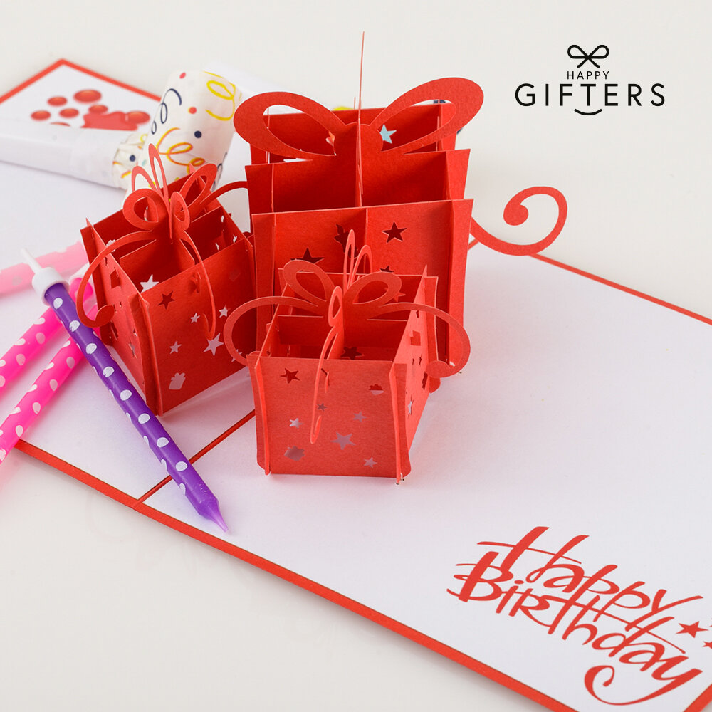 HAPPY GIFTERS "Dāvanu kastes" 3D dzimšanas dienas apsveikuma kartiņa, roku darbs, 15x15cm цена и информация | Aploksnes | 220.lv