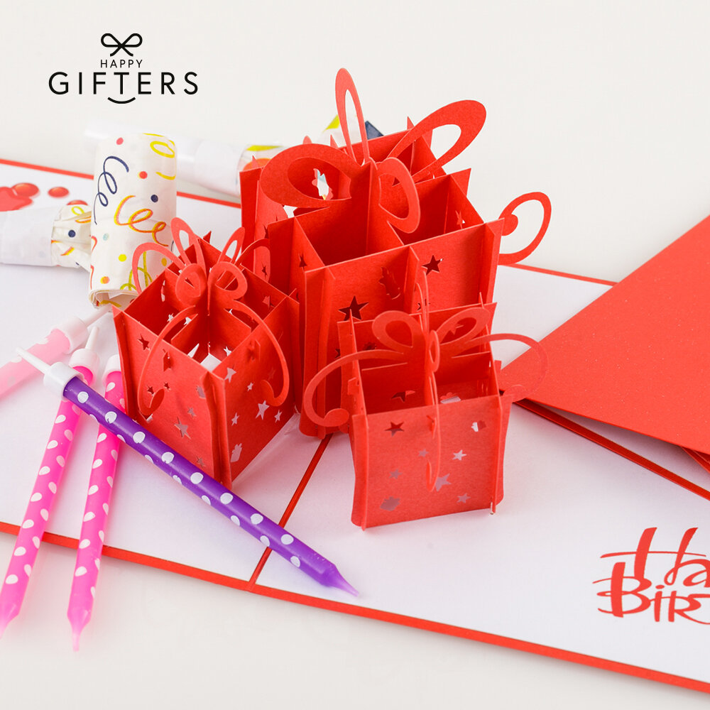 HAPPY GIFTERS "Dāvanu kastes" 3D dzimšanas dienas apsveikuma kartiņa, roku darbs, 15x15cm cena un informācija | Aploksnes | 220.lv