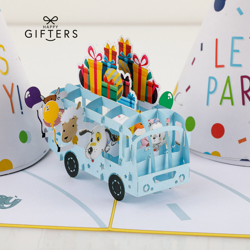 HAPPY GIFTERS "Brīvdienu autobuss" 3D dzimšanas dienas apsveikuma kartiņa, roku darbs, 15x15cm cena un informācija | Aploksnes | 220.lv