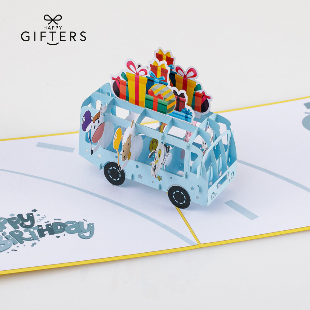 HAPPY GIFTERS "Brīvdienu autobuss" 3D dzimšanas dienas apsveikuma kartiņa, roku darbs, 15x15cm cena un informācija | Aploksnes | 220.lv