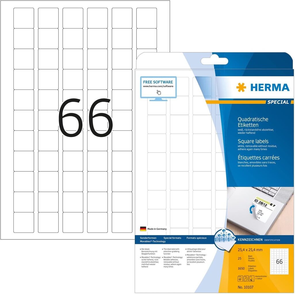 Universālās etiķetes DIN A4 (25,4 x 25,4 mm, 25 loksnes, papīrs, matēts, kvadrāts) cena un informācija | Kancelejas preces | 220.lv