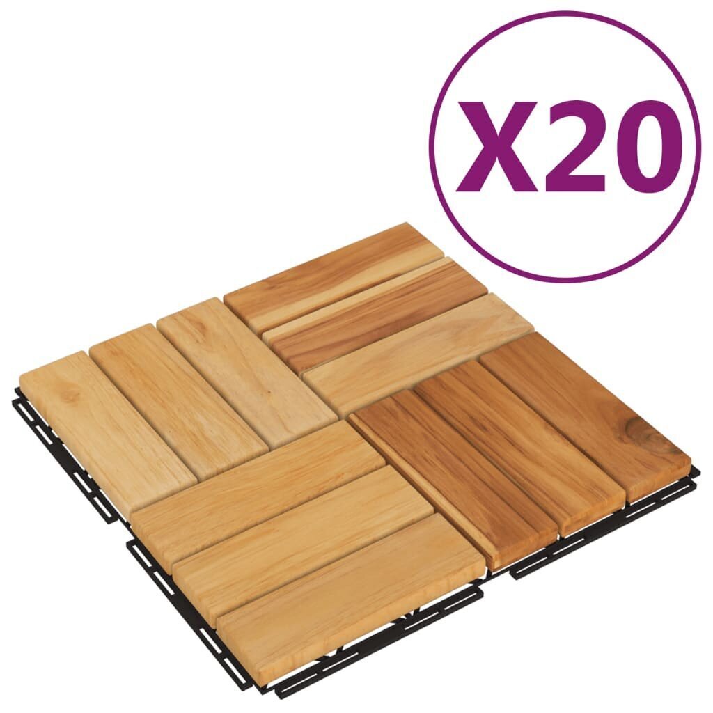 vidaXL terases flīzes, 20 gab., 30x30 cm, masīvs tīkkoks cena un informācija | Āra grīdas segumi | 220.lv