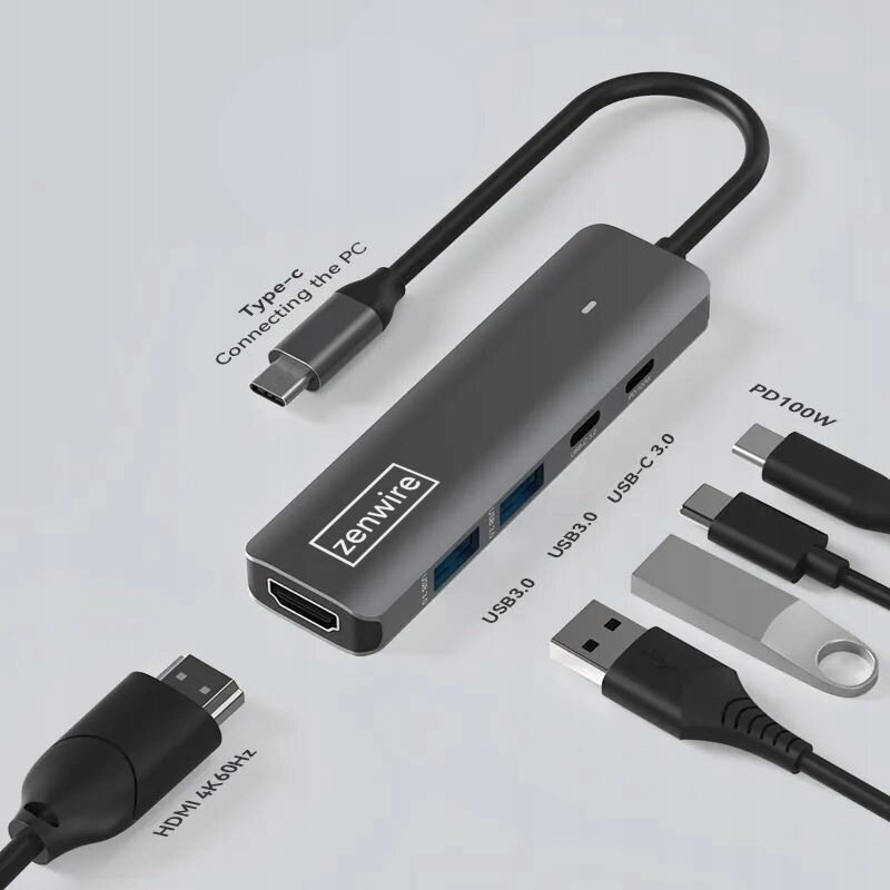 HUB USB-C 5W1 HDMI 4K 60Hz USB 3.0 LED barošanas padeve 100W Macbook M1 M2 cena un informācija | Adapteri un USB centrmezgli | 220.lv