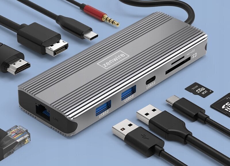 HUB USB-C 10in1 displeja ports 1.4 HDMI 2.1 8K 4K 120Hz 60Hz Full HD 144Hz USB 3.0 SD barošanas padeve 100W Macbook M1 M2 Zenwire cena un informācija | Adapteri un USB centrmezgli | 220.lv