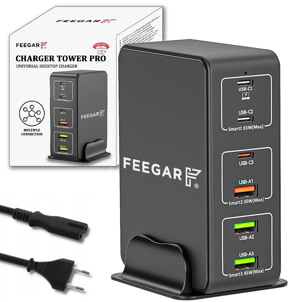 Адаптер Зарядная станция Feegar Tower PRO 140 Вт USB 6-портовое настольное  настенное зарядное устройство, портативное многопортовое зарядное  устройство USB с 6 USB-A и USB-C PD PPS Quick Charge QC 3.0, совместимое с