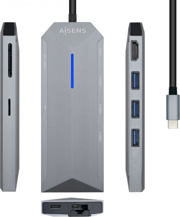 Aisens USB Centrmezgls Aisens USB-C dock 8 en 1, USB-C a 1xHDMI, 1xRJ45, 3xUSB, 1xPD, 1xSD, 1xMicroSD, Gris, 15 cm цена и информация | Adapteri un USB centrmezgli | 220.lv