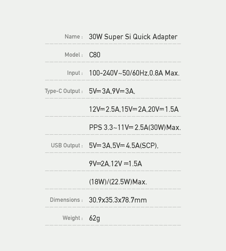 Sienas lādētājs Dux Ducis C80 Super Si - USB + C tips - PD 30W QC 3.0 18W 3A balts cena un informācija | Lādētāji un adapteri | 220.lv