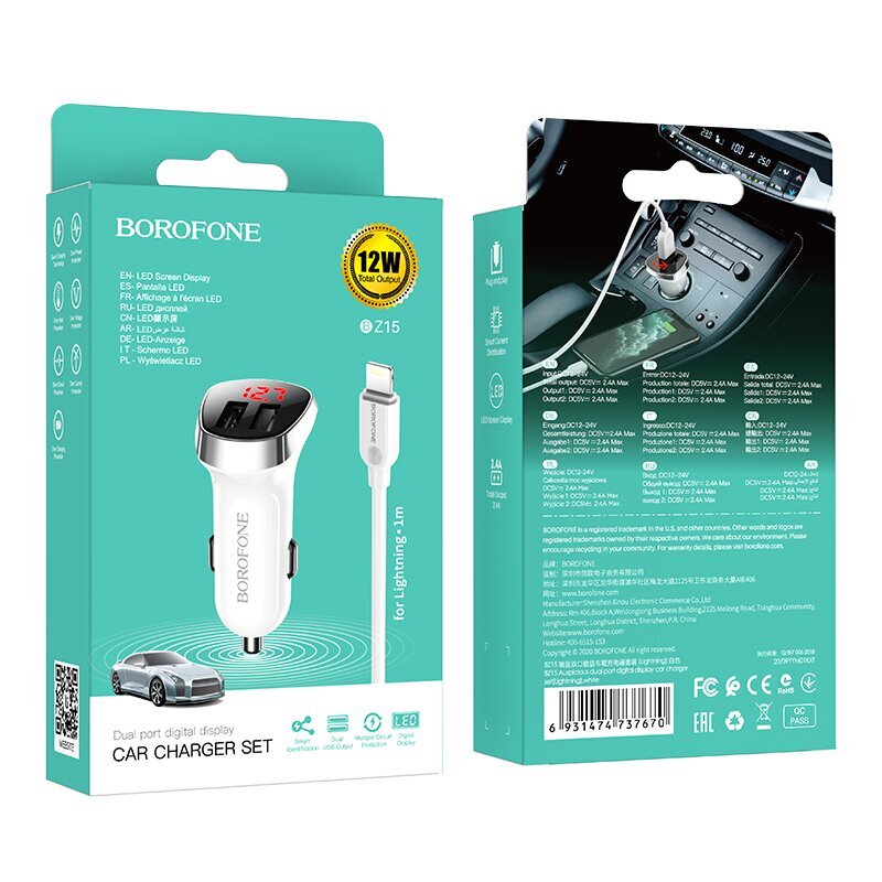 Borofone Car charger BZ15 Auspicious - 2xUSB - 2,4A with USB to Lightning cable white цена и информация | Lādētāji un adapteri | 220.lv