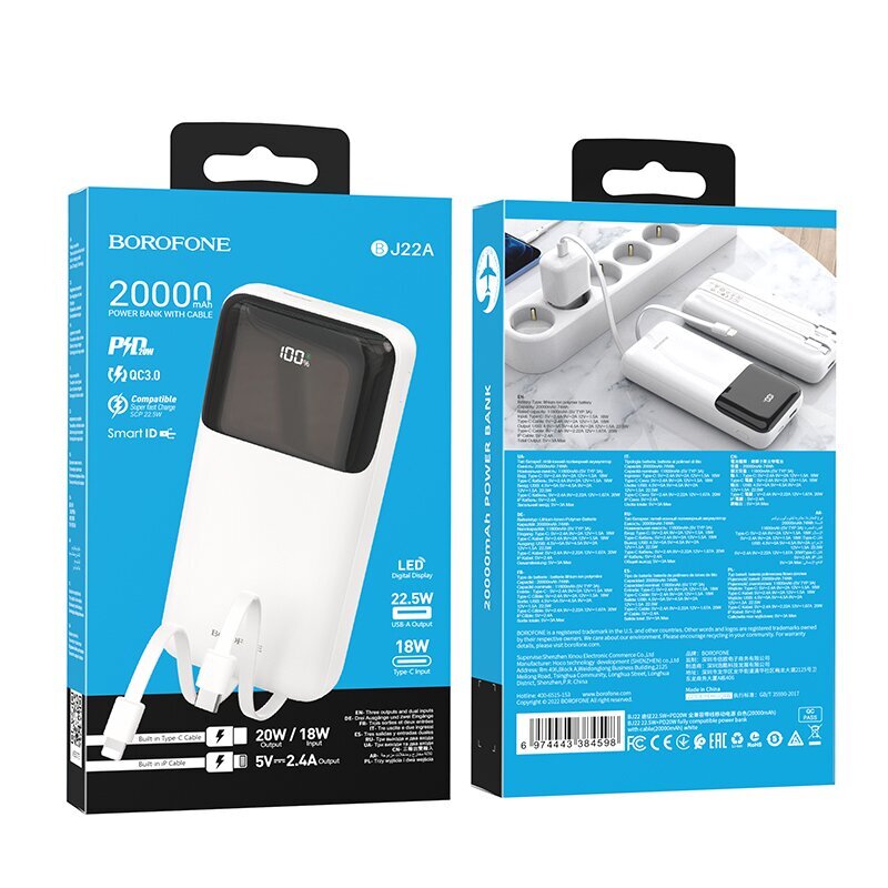 Borofone Power Bank 20000mAh BJ22A - USB - PD QC 3.0 22,5W with Type C and Lightning cables white cena un informācija | Lādētāji-akumulatori (Power bank) | 220.lv