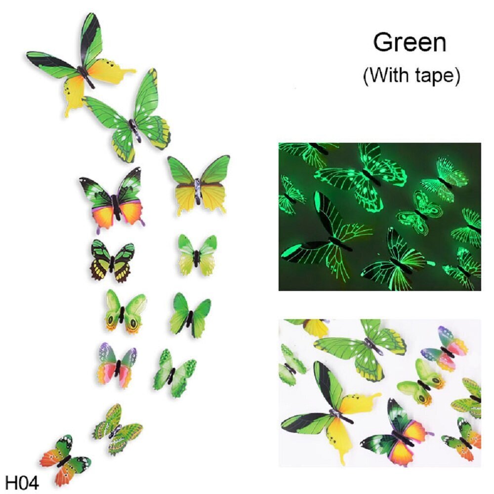 Fluorescējošās uzlīmes, Tauriņi 3D, 12 gab. cena un informācija | Dekoratīvās uzlīmes | 220.lv