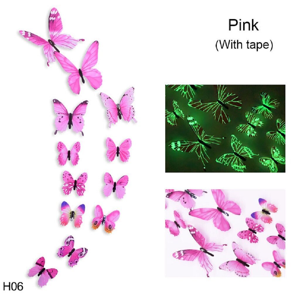 Fluorescējošās uzlīmes, Tauriņi 3D, 12 gab. cena un informācija | Dekoratīvās uzlīmes | 220.lv