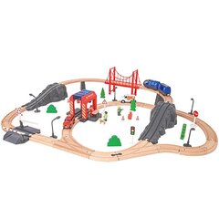 Деревянный трек с поездом, пожарной станцией, скорой помощью 70 деталей, Tooky Toy цена и информация | Игрушки для мальчиков | 220.lv