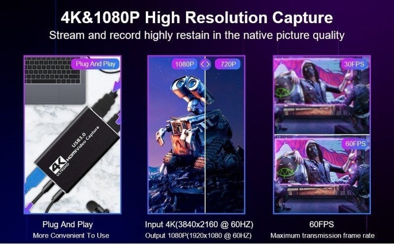 HDMI Video Capture Card 4K@60FPS / USB 3.0 / HDCP 2.2 cena un informācija | Adapteri un USB centrmezgli | 220.lv