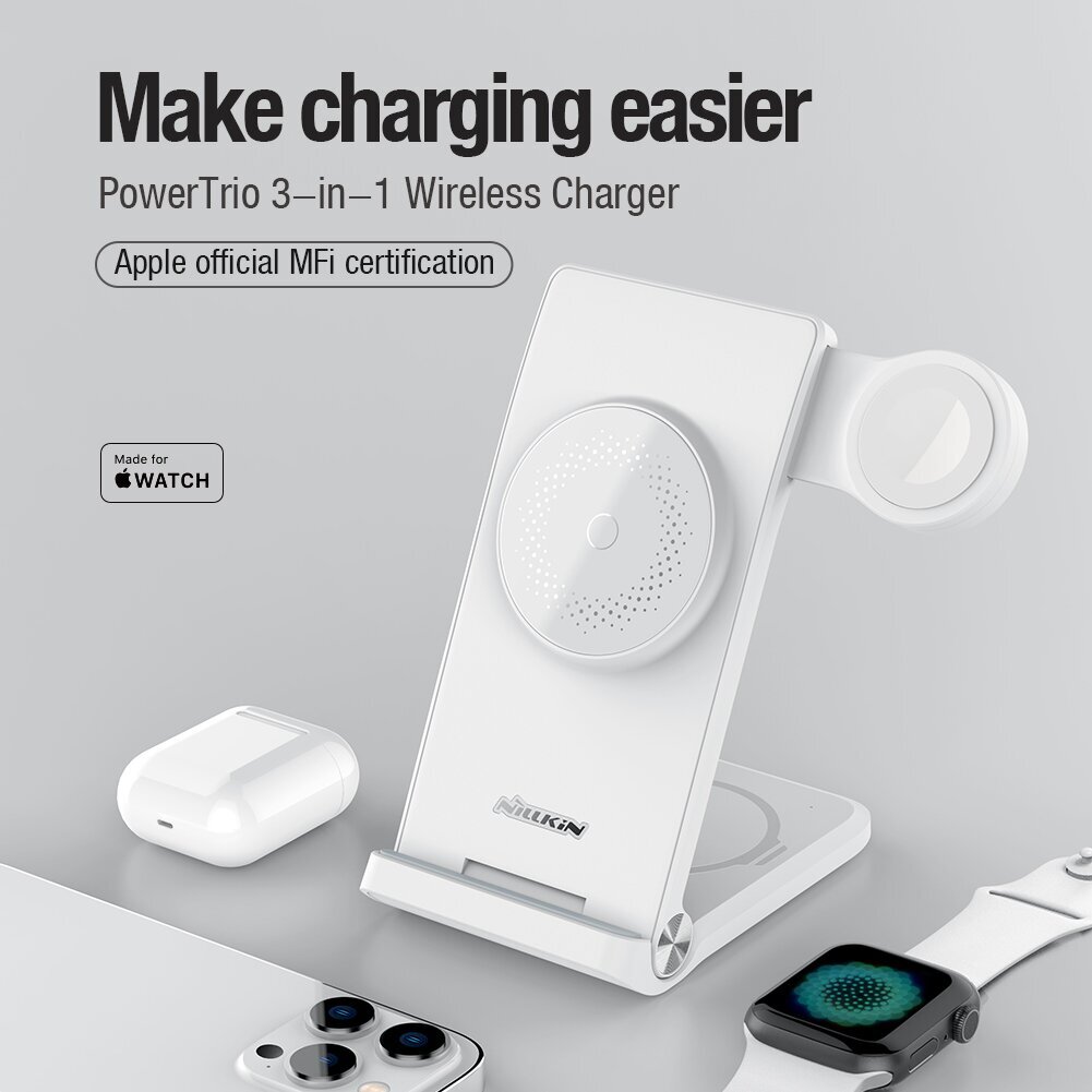 Nillkin PowerTrio 3in1 Wireless Charger MagSafe for Apple Watch White (MFI) (Damaged Package) цена и информация | Lādētāji un adapteri | 220.lv