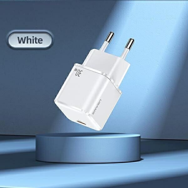 USAMS Ład. siec. 1xUSB-C T45 30W PD3.0 Fast Charging +kabel U63 USB-C|Lightning biały|white UXTZH02 (USAMS-UX) cena un informācija | Lādētāji un adapteri | 220.lv