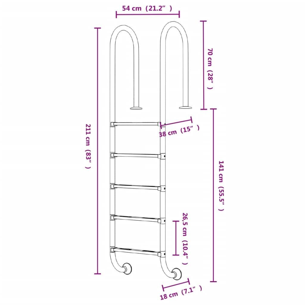 vidaXL baseina kāpnes, 54x38x211 cm, nerūsējošs tērauds, 304. klase цена и информация | Baseinu piederumi | 220.lv