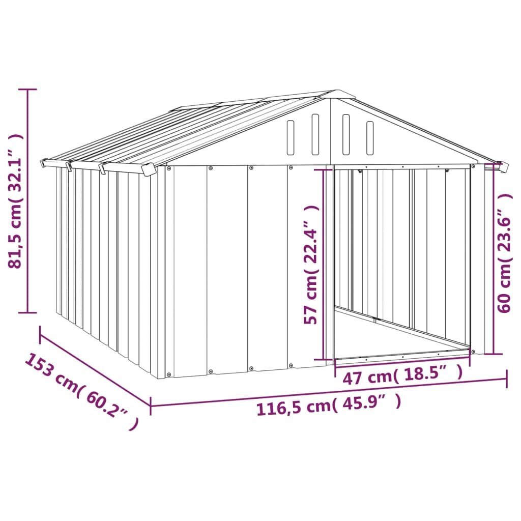 vidaXL suņu būda, pelēka, 116,5x153x81,5 cm, cinkots tērauds cena un informācija | Suņu gultas, spilveni, būdas | 220.lv