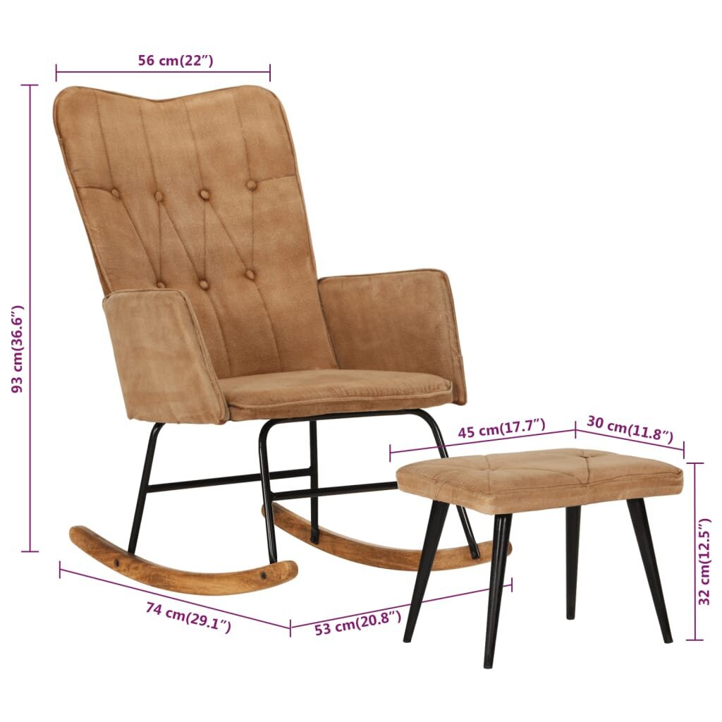 vidaXL šūpuļkrēsls ar kājsoliņu, brūns vintāžas audums цена и информация | Atpūtas krēsli | 220.lv
