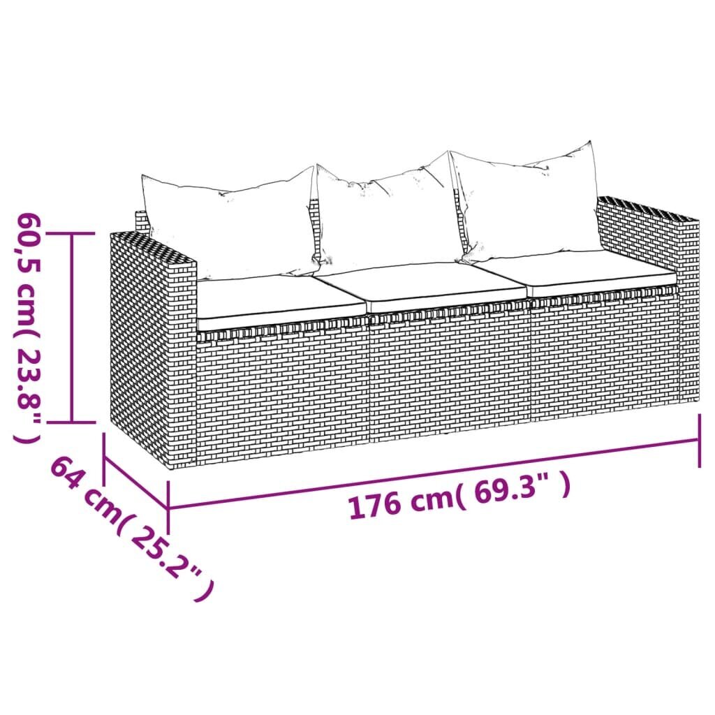 vidaXL trīsvietīgs dārza dīvāns ar matračiem, melna PE rotangpalma cena un informācija | Dārza krēsli | 220.lv