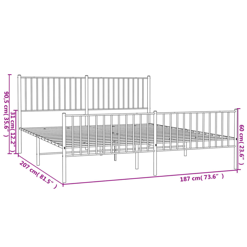 vidaXL gultas rāmis ar galvgali un kājgali, balts metāls, 180x200 cm cena un informācija | Gultas | 220.lv