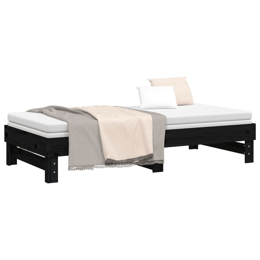 vidaXL izvelkama gulta, melna, 2x(75x190) cm, priedes masīvkoks cena un informācija | Gultas | 220.lv
