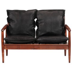 vidaXL 2-vietīgs dīvāns, melna dabīgā āda, akācijas masīvkoks cena un informācija | Dīvāni | 220.lv