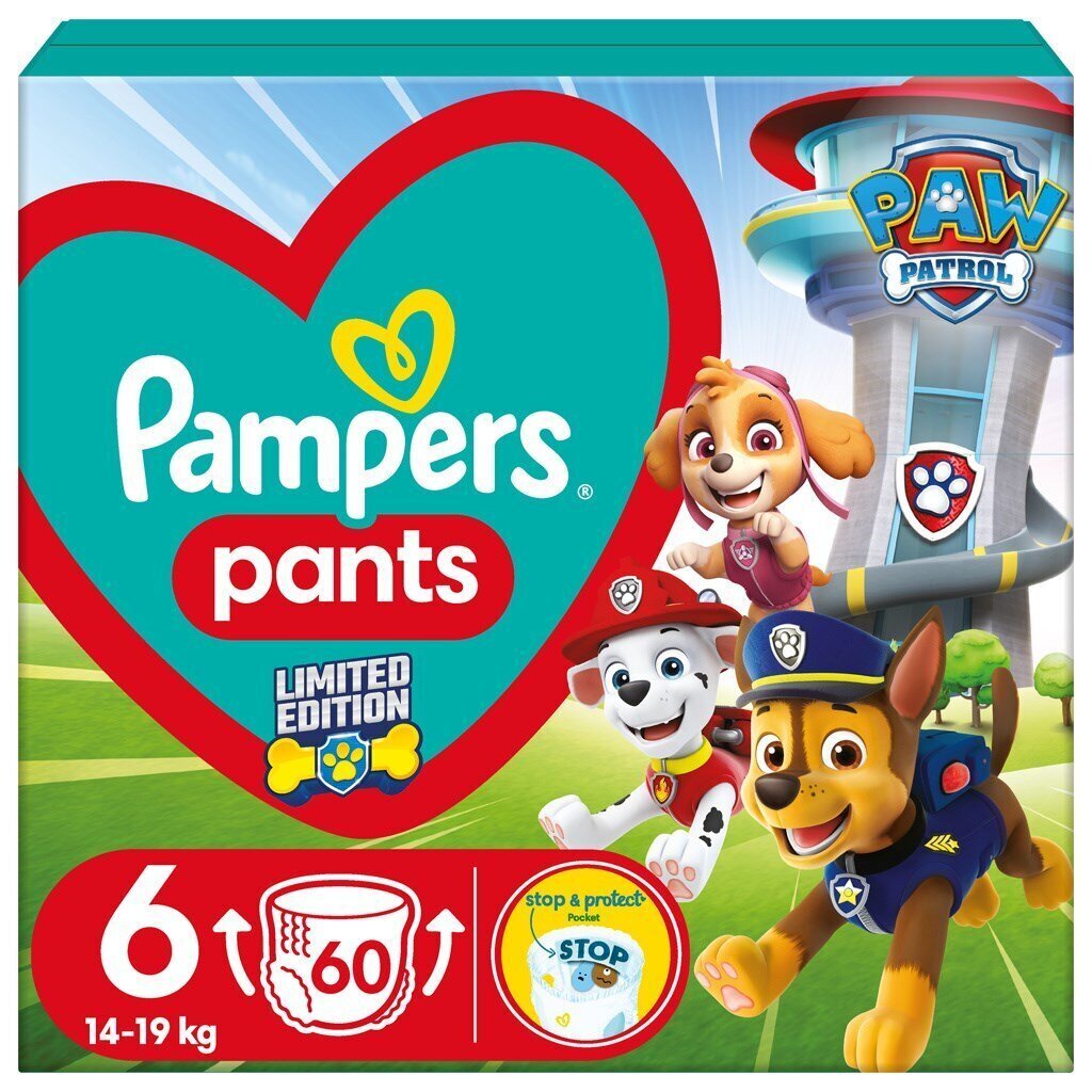 Autiņbiksītes-biksītes PAMPERS Pants Paw Patrol, 6. izmērs, 14-19 kg, 60 gab cena un informācija | Autiņbiksītes | 220.lv