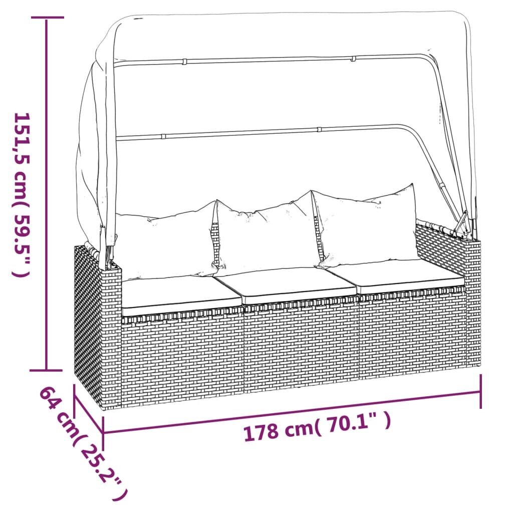 vidaXL trīsvietīgs dārza dīvāns ar kājsoliņu, pelēka PE rotangpalma cena un informācija | Dārza krēsli | 220.lv