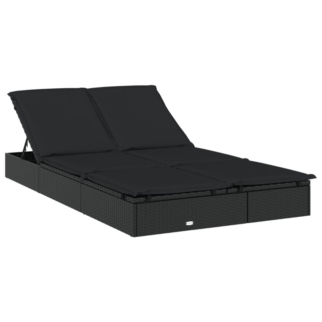 vidaXL sauļošanās gulta, saliekams jumts, melns PE pinums, divvietīga cena un informācija | Sauļošanās krēsli | 220.lv