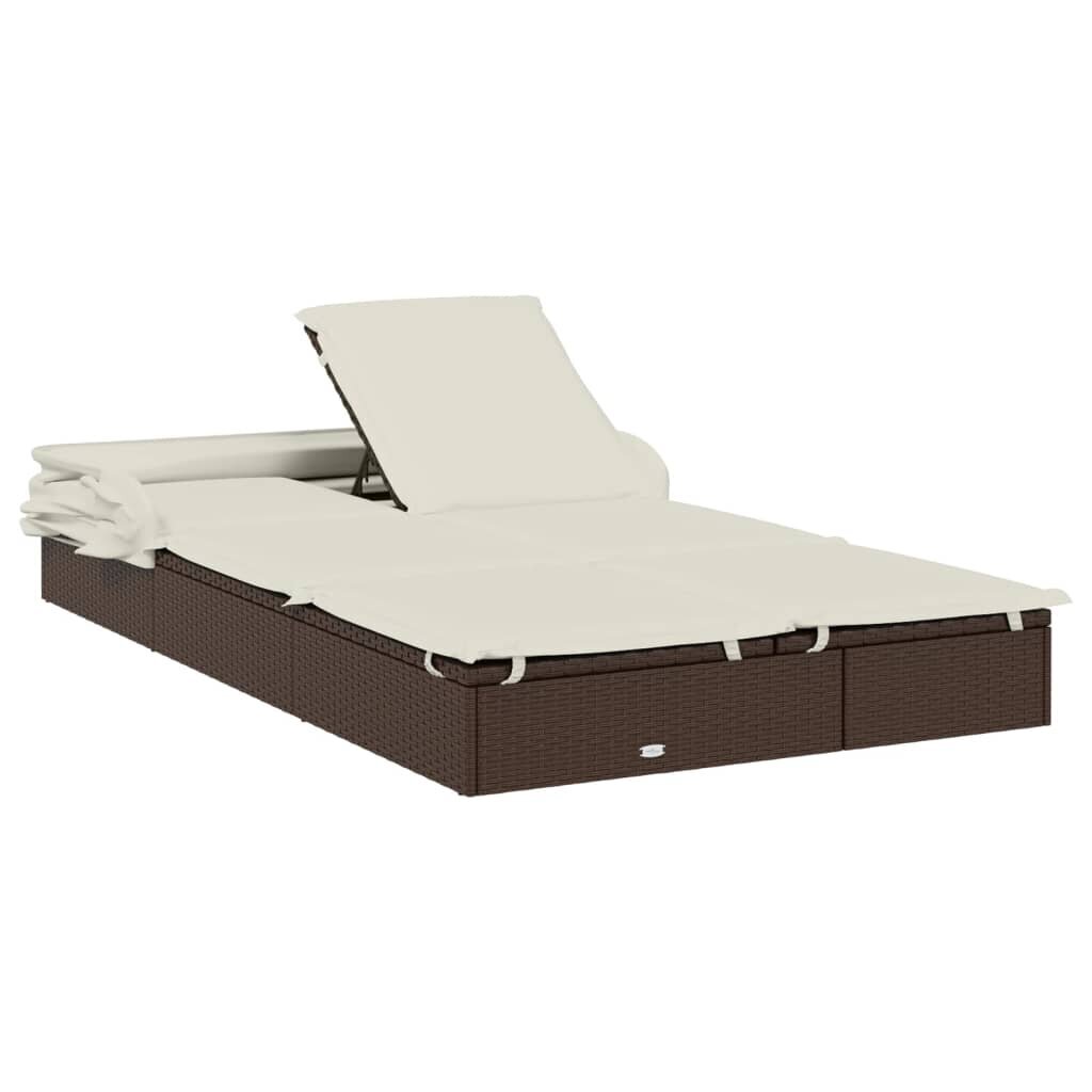 vidaXL sauļošanās gulta, saliekams jumts, brūns PE pinums, divvietīga cena un informācija | Sauļošanās krēsli | 220.lv