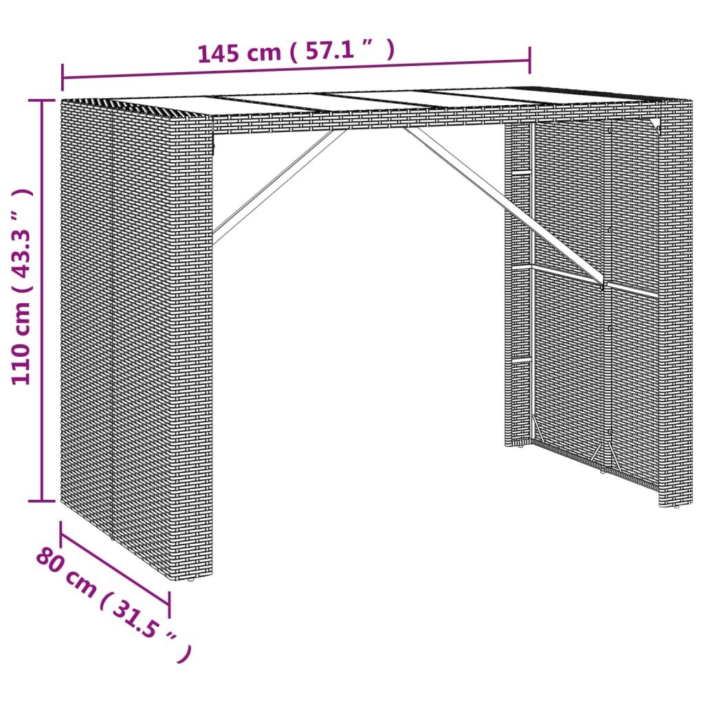 vidaXL bāra galds, stikla virsma, brūns, 145x80x110 cm, PE rotangpalma cena un informācija | Dārza galdi | 220.lv