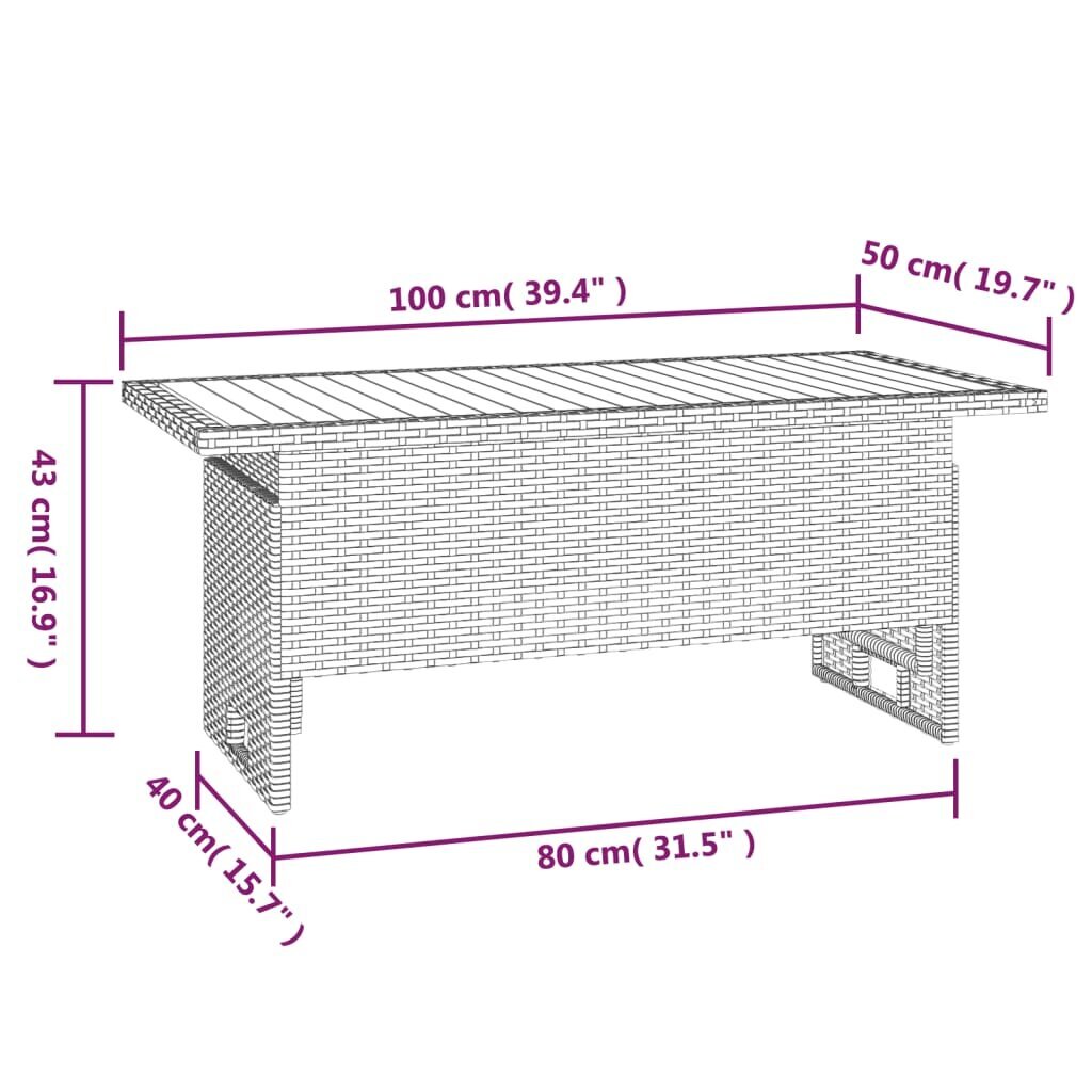 vidaXL dārza galds, pelēks, 100x50x43/63 cm, akācija, PE rotangpalma cena un informācija | Dārza galdi | 220.lv