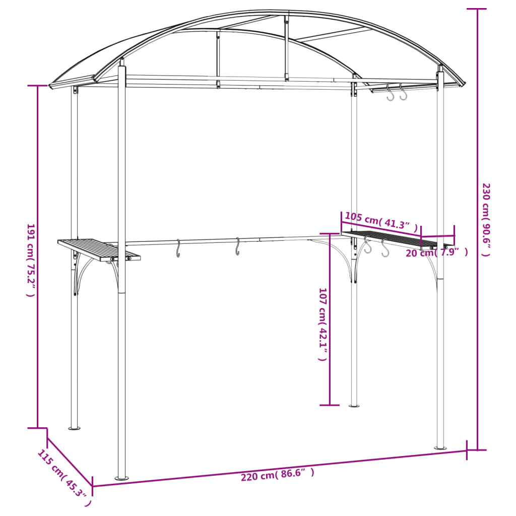 vidaXL grila nojume ar sānu plauktiem, 220x115x230 cm, pelēka, tērauds cena un informācija | Dārza nojumes un lapenes | 220.lv