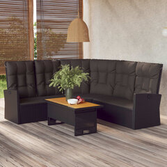 vidaXL atgāžams dārza stūra dīvāns ar spilveniem, melna PE rotangpalma cena un informācija | Dārza krēsli | 220.lv