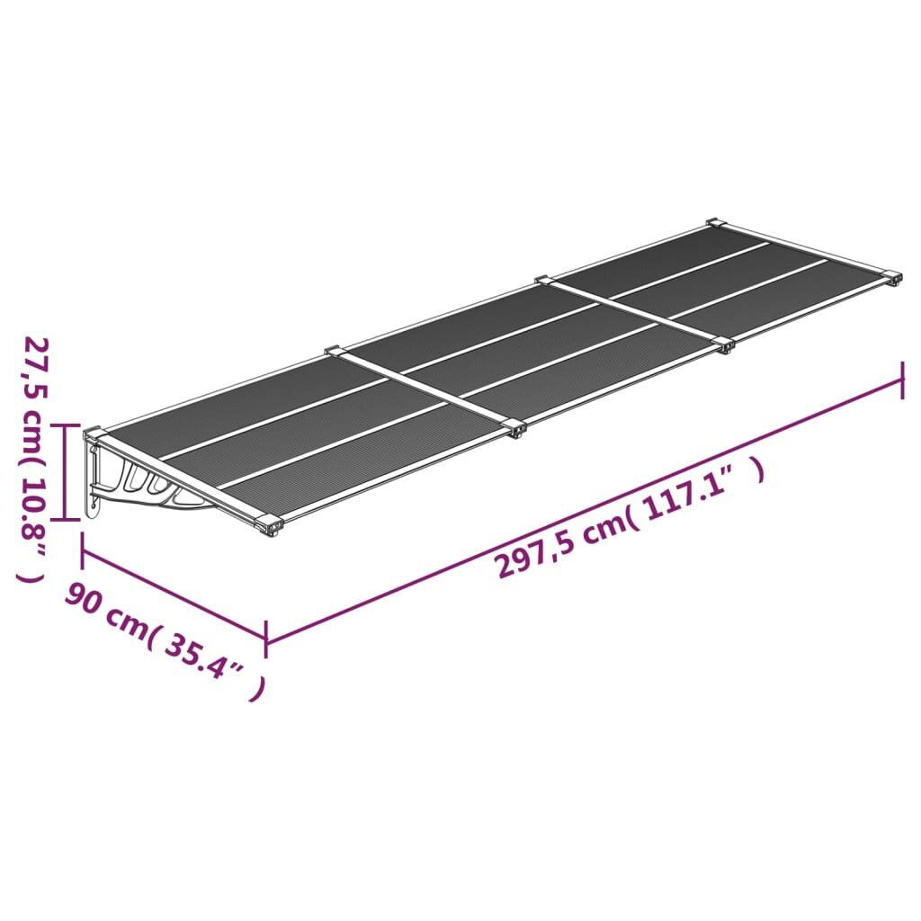 vidaXL durvju jumtiņš, melns, caurspīdīgs, 297,5x90 cm, polikarbonāts cena un informācija | Saulessargi, markīzes un statīvi | 220.lv