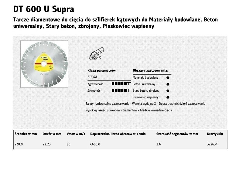 KLINGSPOR SEGMENTĒTS DIMANTA ASMENS 230 mm x 2,6 mm x 22,2 mm SUPRA DT600U, DZELZBETONS cena un informācija | Rokas instrumenti | 220.lv