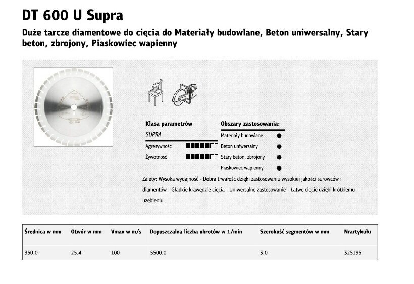 KLINGSPOR SEGMENTĒTS DIMANTA ASMENS 350 mm x 3,0 mm x 25,4 mm SUPRA DT600U, DZELZBETONS cena un informācija | Rokas instrumenti | 220.lv