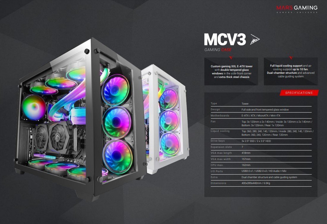 MARS GAMING MCV3 Ultra Gaming XXL PC Case E-ATX / White цена и информация | Datoru korpusi | 220.lv