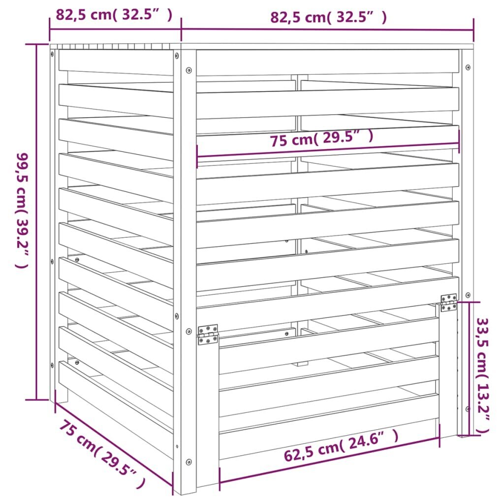 vidaXL komposta kaste, pelēka, 82,5x82,5x99,5 cm, priedes masīvkoks cena un informācija | Komposta kastes un āra konteineri | 220.lv