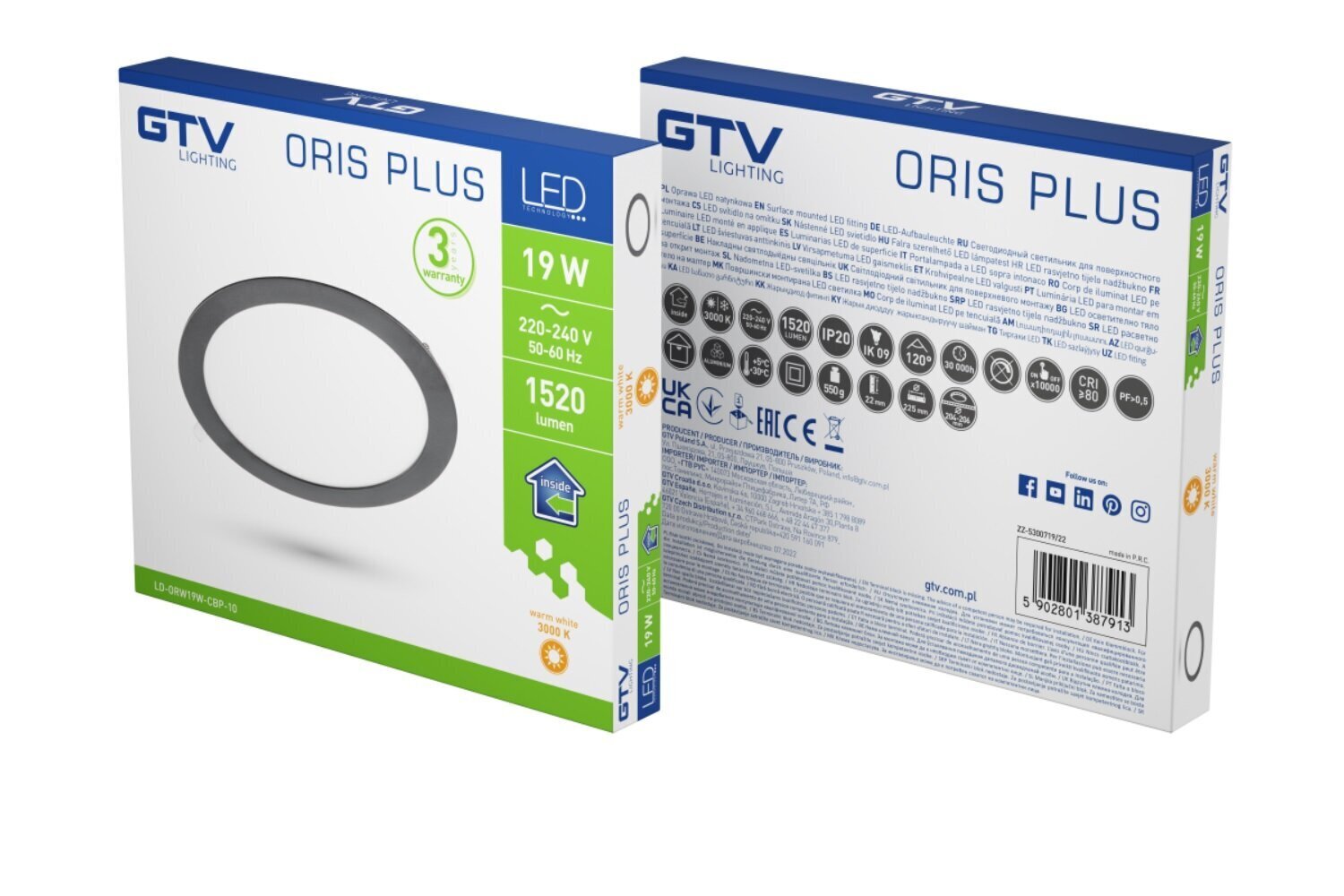 LED lampa GTV ORIS PLUS Ø225mm, 3000K, 1520lm, LD-ORW19W-CBP-10, melna cena un informācija | Iebūvējamās lampas, LED paneļi | 220.lv