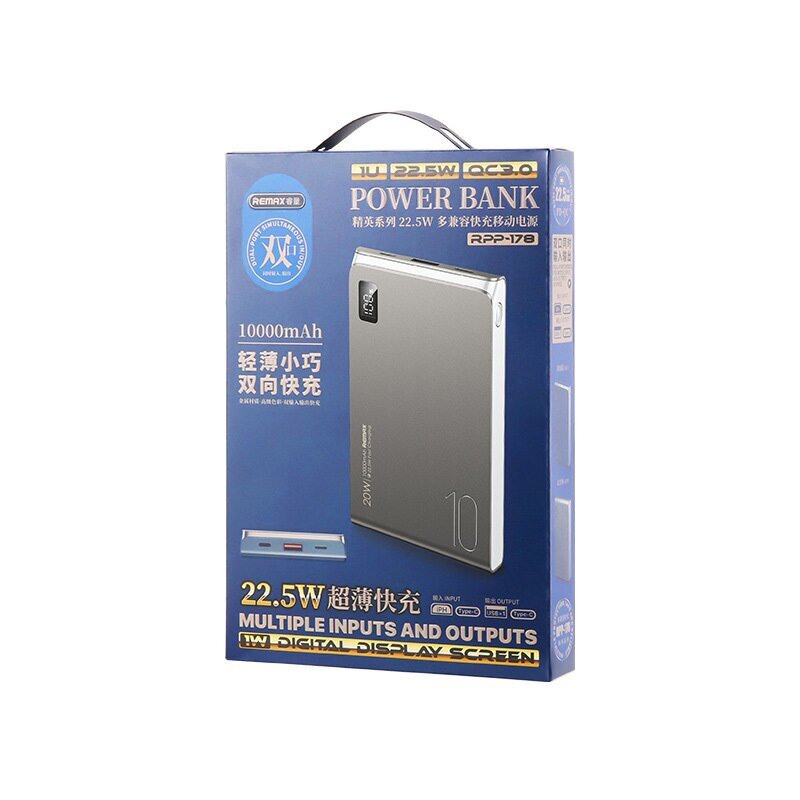 REMAX Kinyin sērijas PD20W+QC22.5W ātras uzlādes ārējais akumulators - Powerbank 10000mAh RPP-178, pelēks cena un informācija | Lādētāji-akumulatori (Power bank) | 220.lv